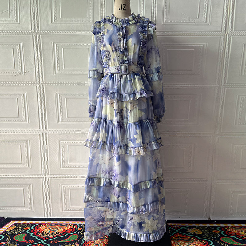 alyssa purple Floral print Ruffle Maxi Dress With Belt