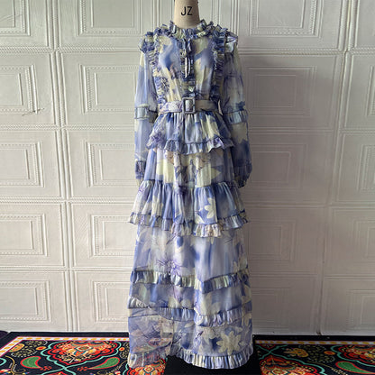 alyssa purple Floral print Ruffle Maxi Dress With Belt