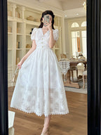 White Eyelet Embroidered Puff Sleeve Midi Dress