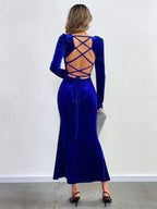 Flowering Girl Women blue Bodycon Long-Sleeved Velvet Fishtail Maxi Dress