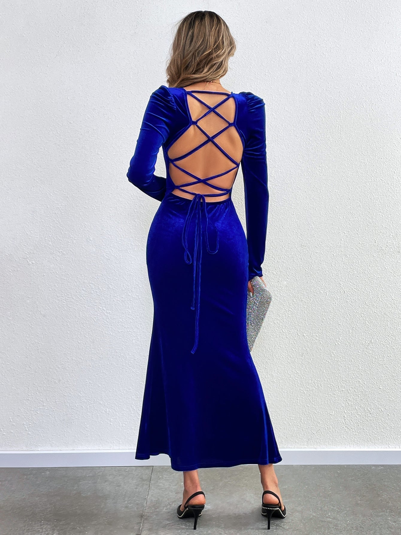 Flowering Girl Women blue Bodycon Long-Sleeved Velvet Fishtail Maxi Dress
