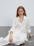 Flowering Girl Women white V-neck linen long-sleeved shirt