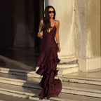 Flowering Girl Women lorraine Waist-cinching backless camisole cake maxi dress - burgundy