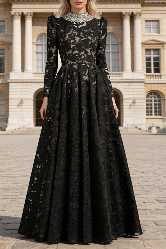 Flowering Girl Women black mesh diamond embroidered maxi dress
