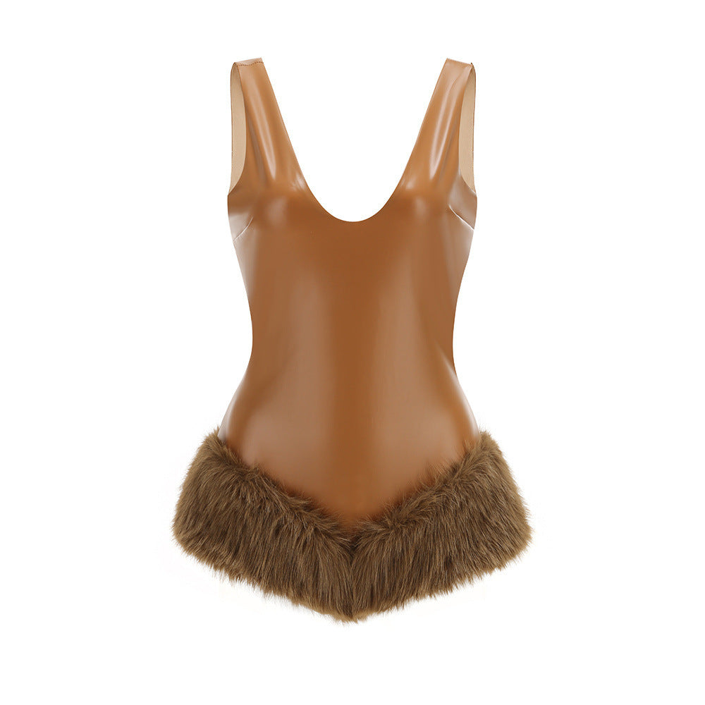 Flowering Girl Women ashley v-neck leather fur trim mini dress in brown