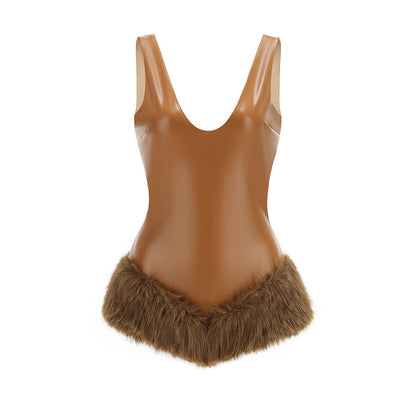 ashley v-neck leather fur trim mini dress in brown