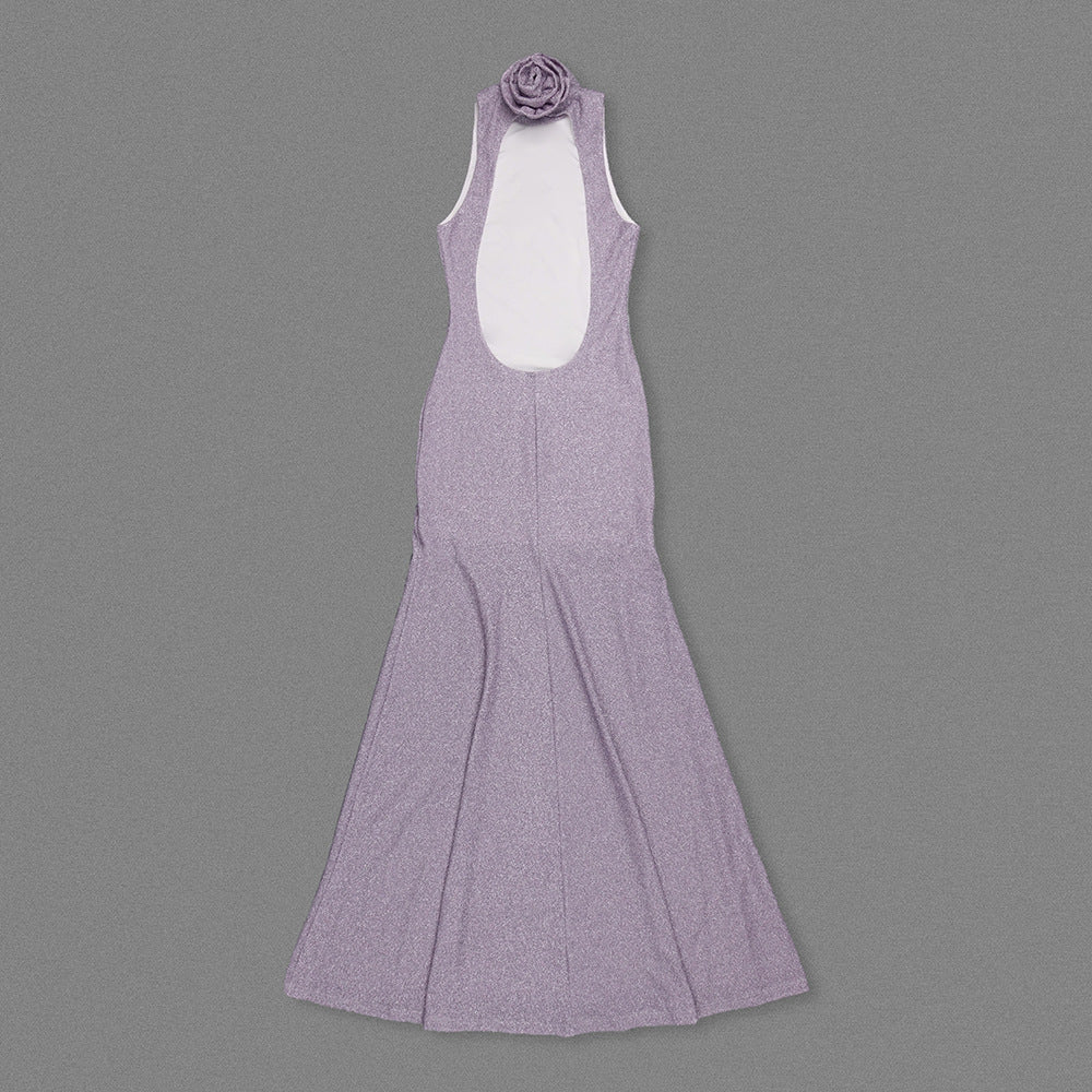 delia Sleeveless back flower embellished halter maxi dress in pale purple