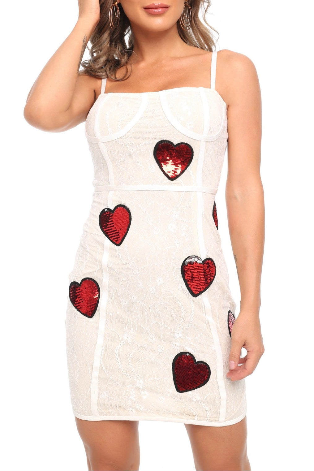 Jessica Sequin Heart Embroidery Lace Mini Dress In White