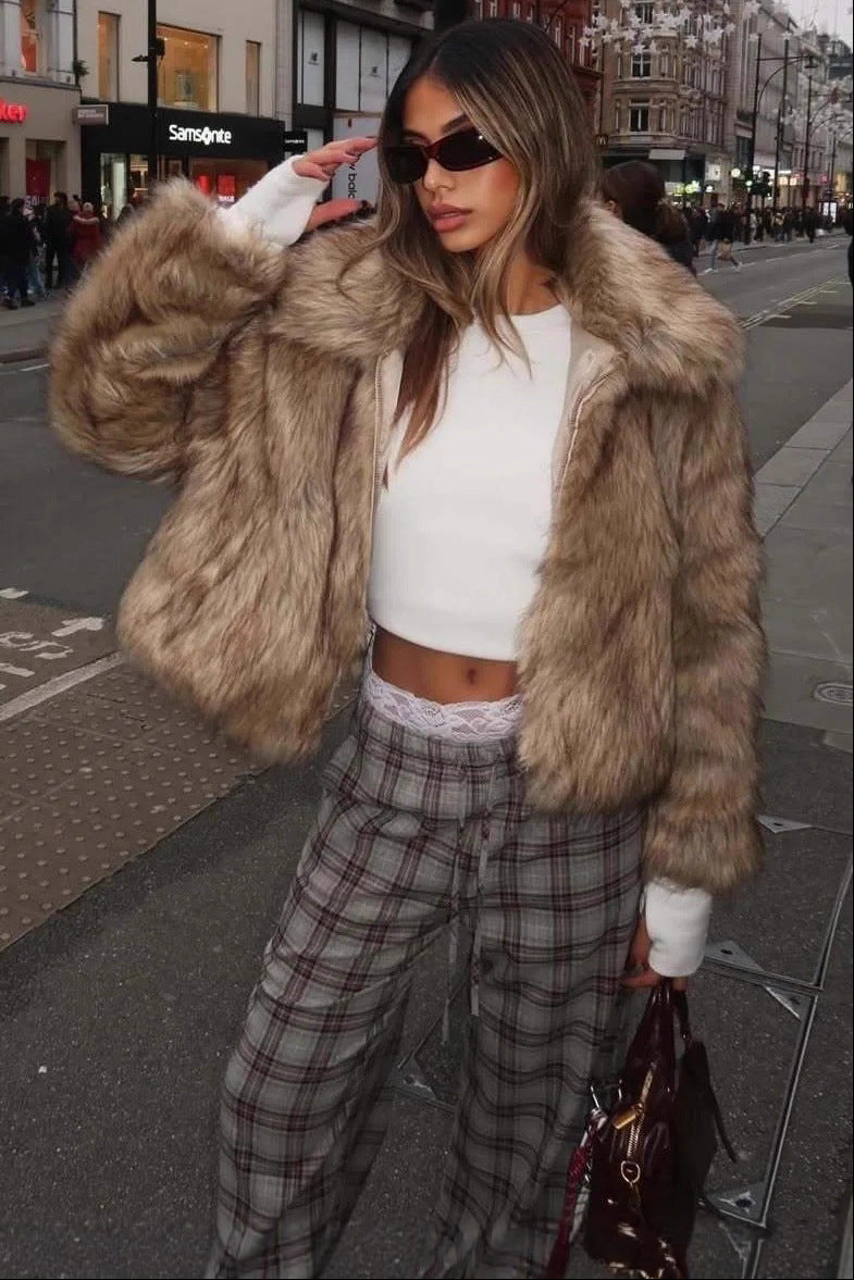 Flowering Girl Women warm imitation fur jacket in Light yellow