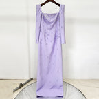 Flowering Girl Women purple square neck long sleeve nail bead diamond maxi dress