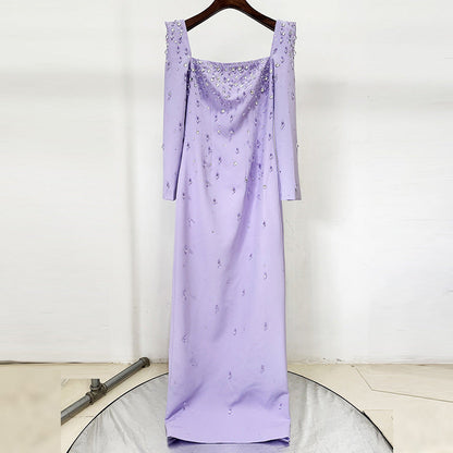 purple square neck long sleeve nail bead diamond maxi dress