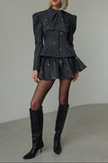 adora dark grey Butterfly Embroidered blazer mini skirt Set