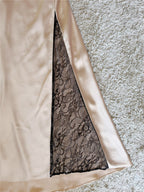 Champagne Satin Cowl Neck Lace Split Midi Slip Dress
