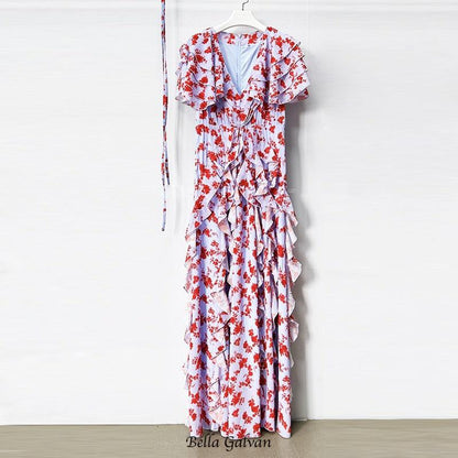 jamie multicolor Floral printed Chiffon Ruffle Maxi Dress