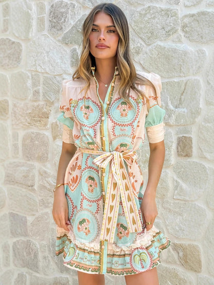 Linen Floral Print Tie-Strap Short-Sleeve Dress