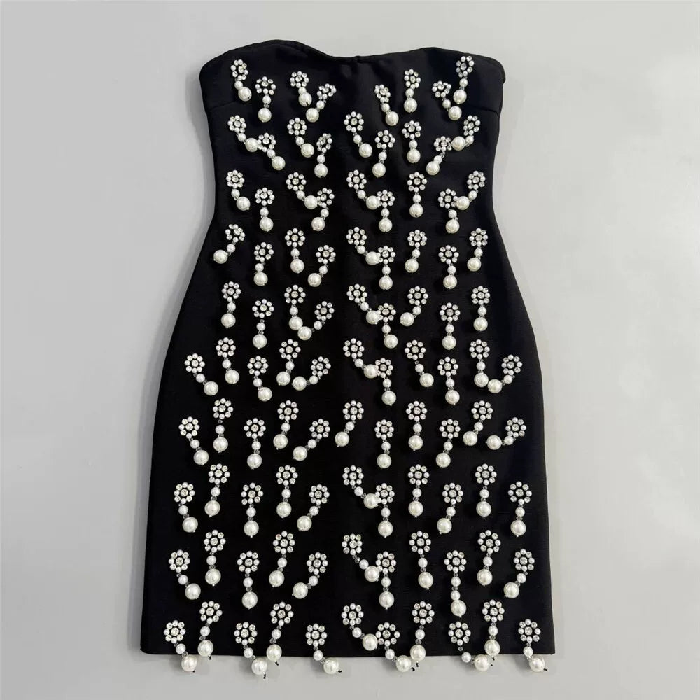 Flowering Girl Women Strapless Pearl Rhinestone Cluster Bodycon Mini Dress