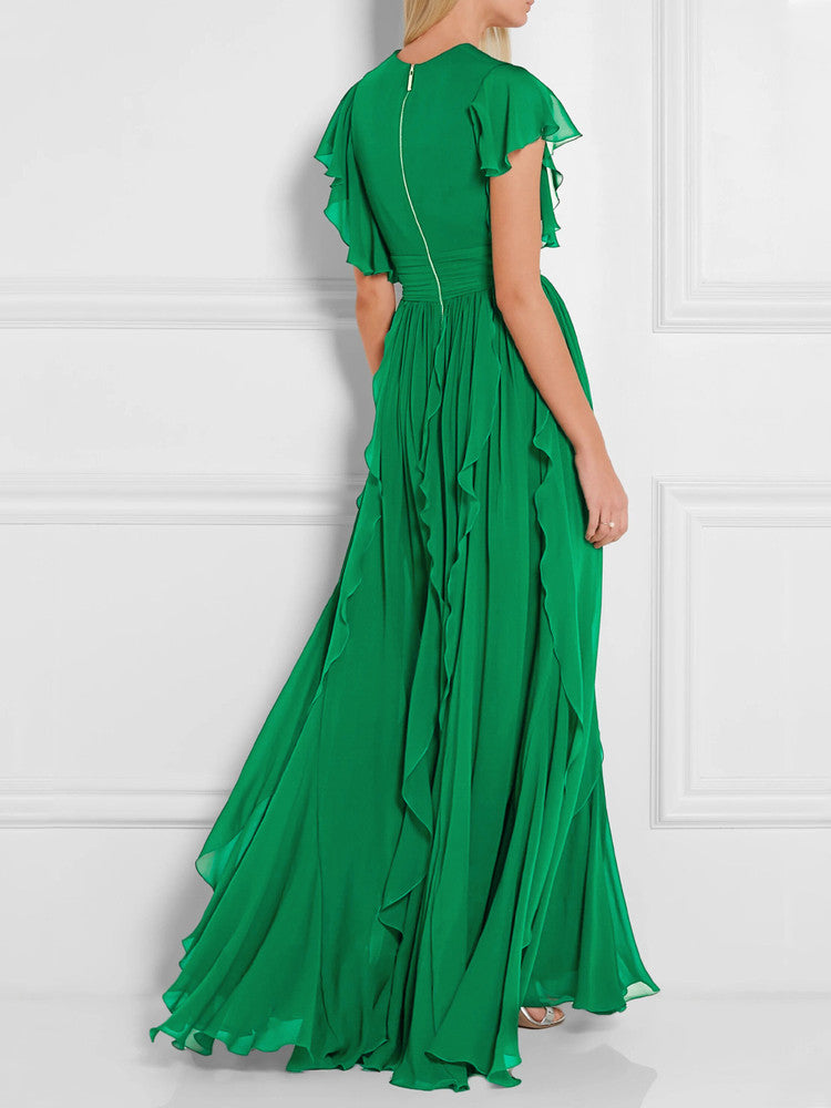 Green V-Neck Ruffle Maxi Dress