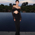 Flowering Girl Women black openwork spliced mesh long sleeve dress
