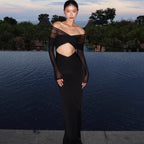 Flowering Girl Women black openwork spliced mesh long sleeve dress
