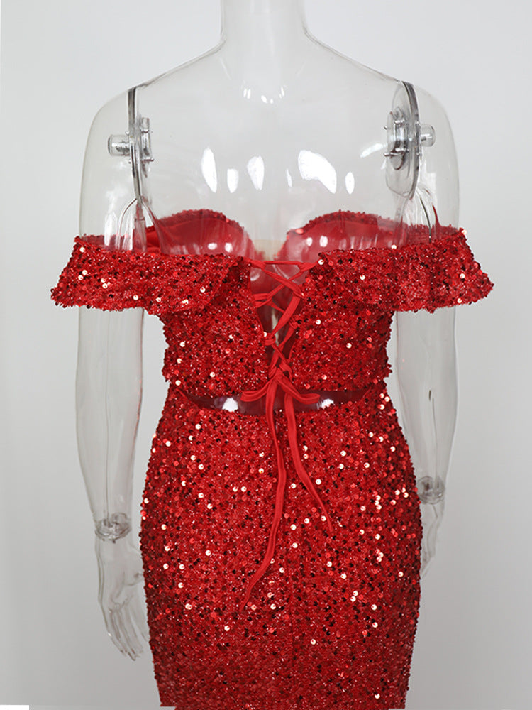 Red Off-Shoulder Sequin Dress