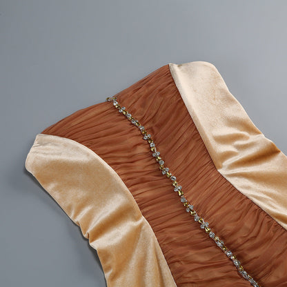anna rhinestone embellished feather strapless mini dress in pale brown