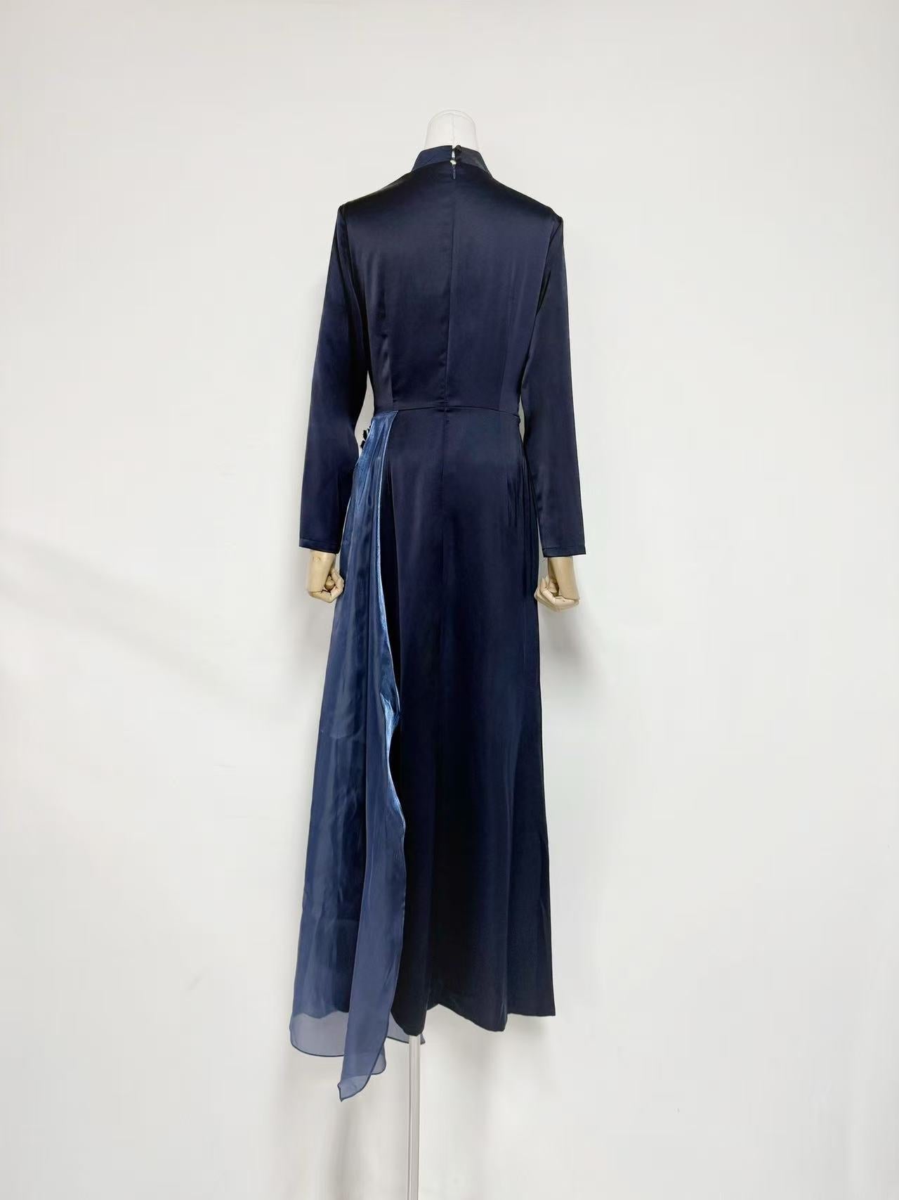 Crystal Flower Long-Sleeve Lace Pleated Maxi Dress In Blue