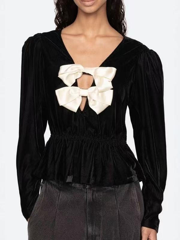 Wallis Black v-Neck Bow Cutout Velvet Top