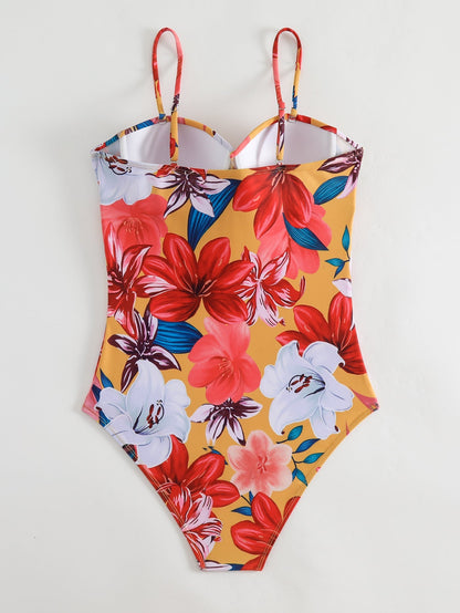floral print pleated strap bikini