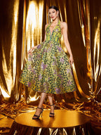 Flowering Girl Women Penny v-Neck Flower Appliqué Backless Midi Dress In Green