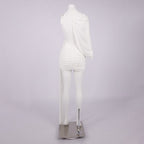 Flowering Girl Women off-shoulder single-sleeve pleated bodycon Ribbon mini dress - white