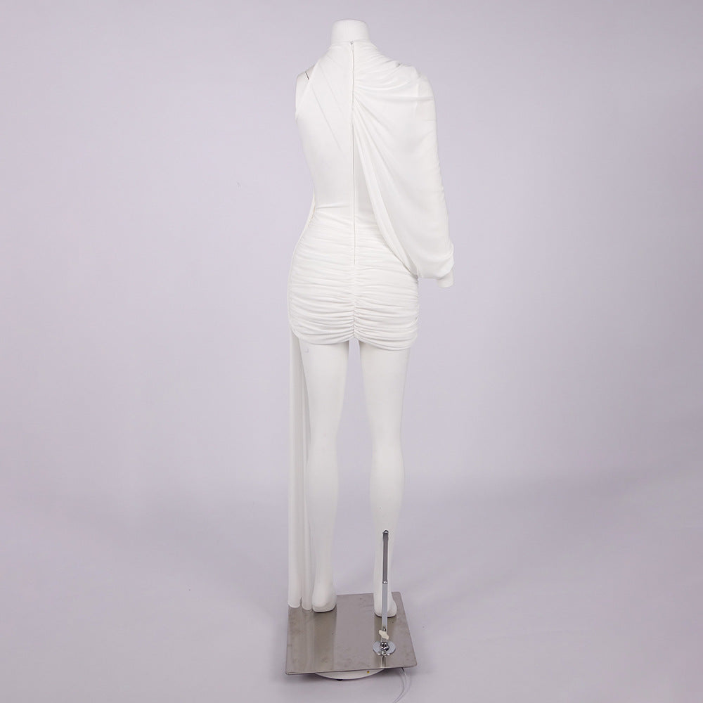 Flowering Girl Women off-shoulder single-sleeve pleated bodycon Ribbon mini dress - white
