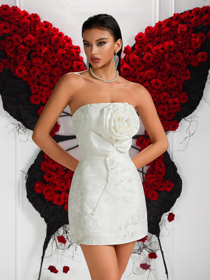 joyce 3d flower jacquard strapless mini dress in white