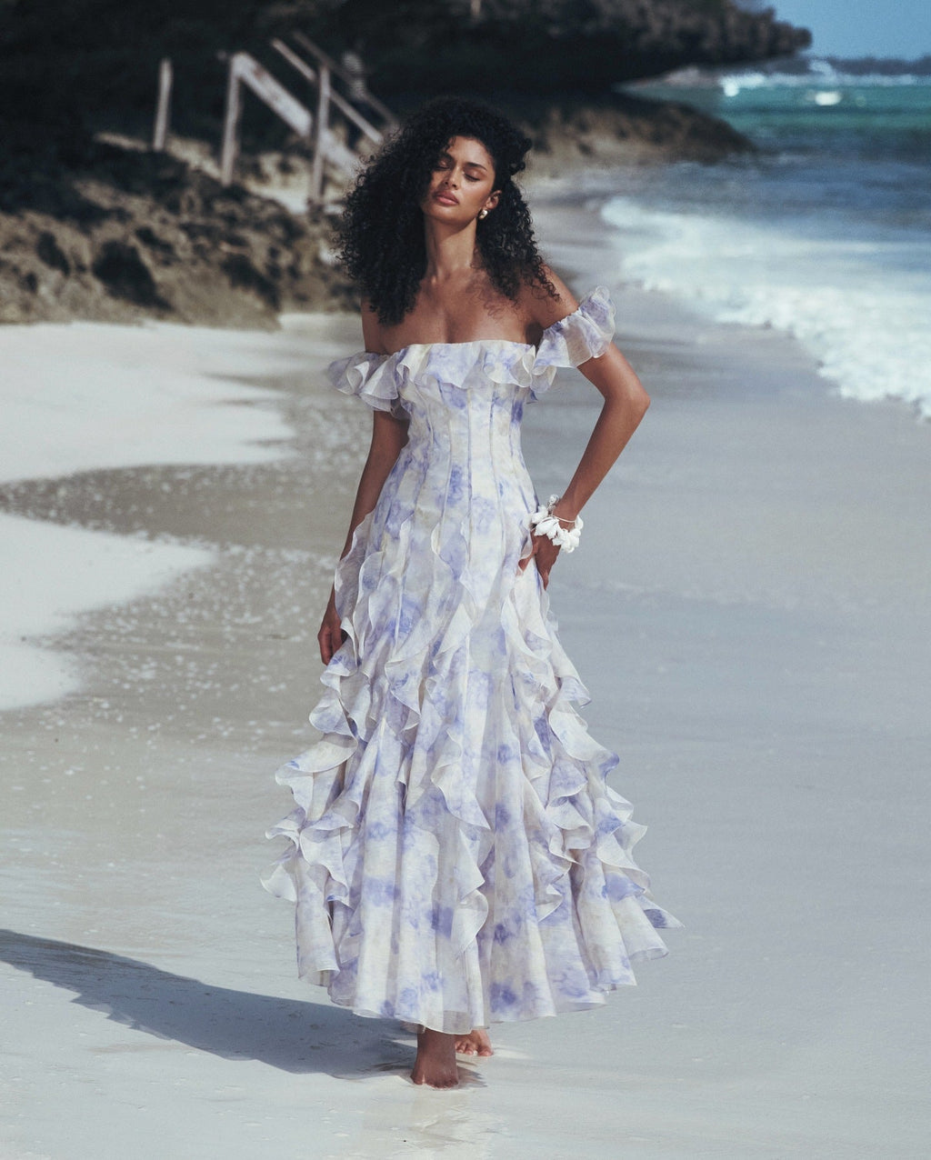 helen Floral Frill Off-Shoulder Maxi Dress in blue