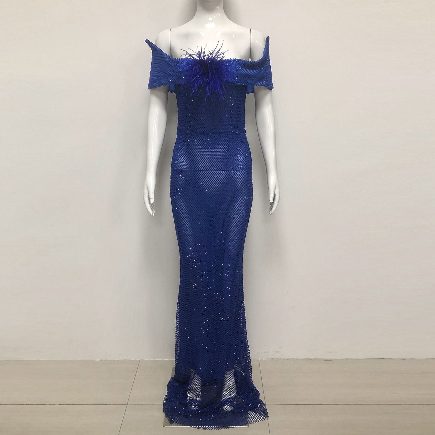 riva feather embellished hollowed sequin bodycon maxi dress in blue