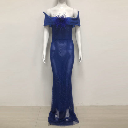 riva feather embellished hollowed sequin bodycon maxi dress in blue