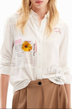 White Sunflower & Text Print Long Sleeve Button-Down Shirt