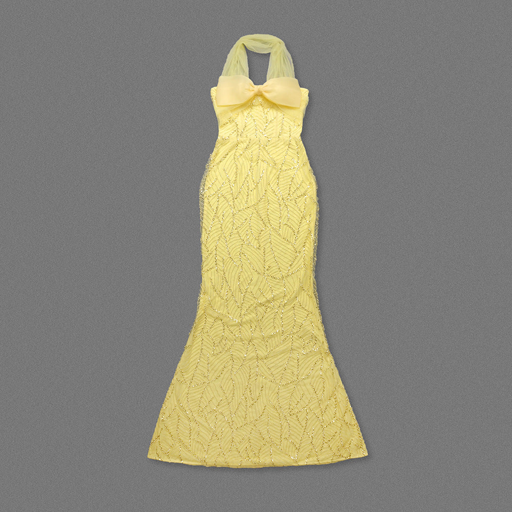 irene Halterneck Bowknot Beaded bodycon maxi dress in yellow
