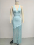 Light Blue Bandage Fringe Midi Dress