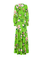 Green Floral Satin Long Sleeve Maxi Dress