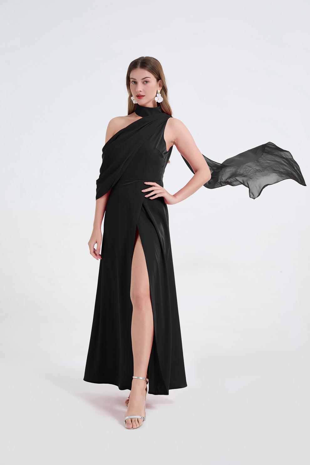 tammy Tailored One-Shoulder Detachable Collar Maxi Dress in black