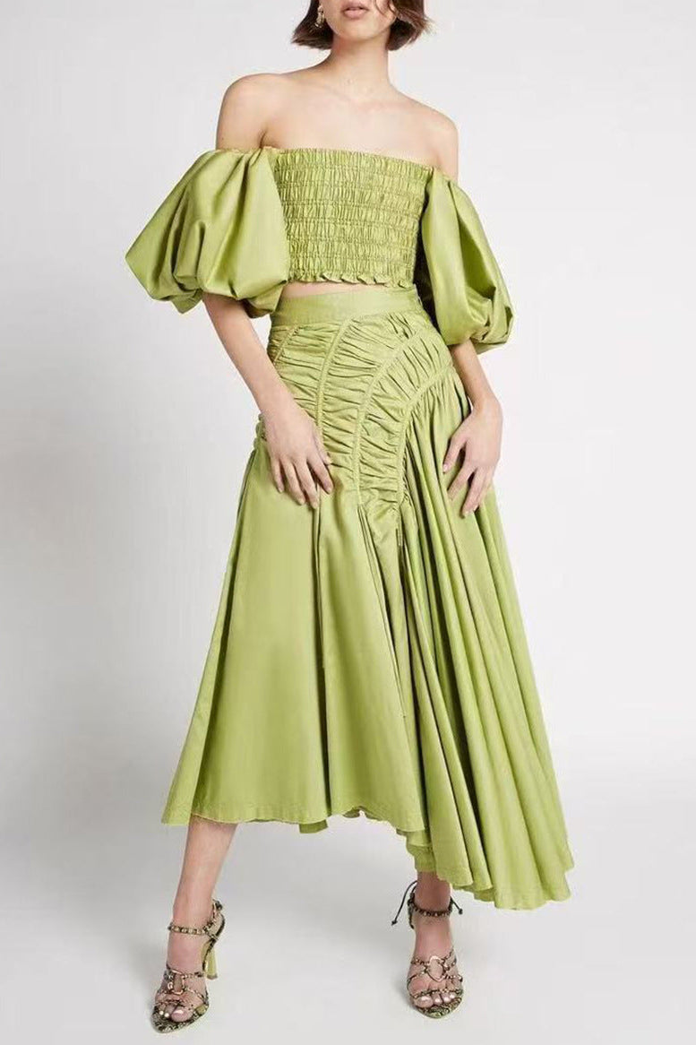 Giselle Drawstring Off-Shoulder Midi Skirt - Green