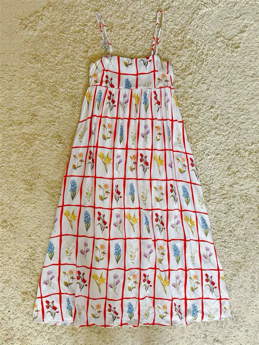 floral plaid cotton silk spaghetti strap dress
