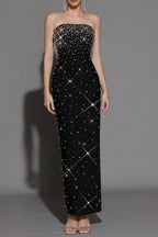 Flowering Girl Women Pearl Rhinestone Beaded Strapless Black Maxi Dress