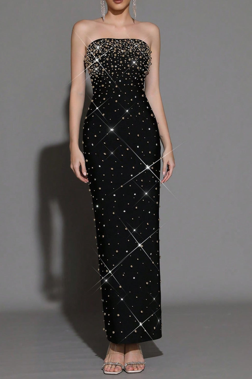 Flowering Girl Women Pearl Rhinestone Beaded Strapless Black Maxi Dress