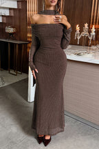 Flowering Girl Women brown bandeau long sleeve hip maxi dress