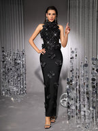 phoenix 3d flower sequin halter bandage maxi dress in black