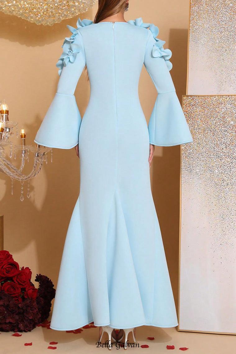 cynthia 3D Flower long sleeve bodycon Maxi Dress in blue