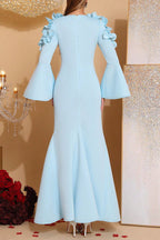Cynthia 3D Flower Long Sleeve Bodycon Maxi Dress In Blue