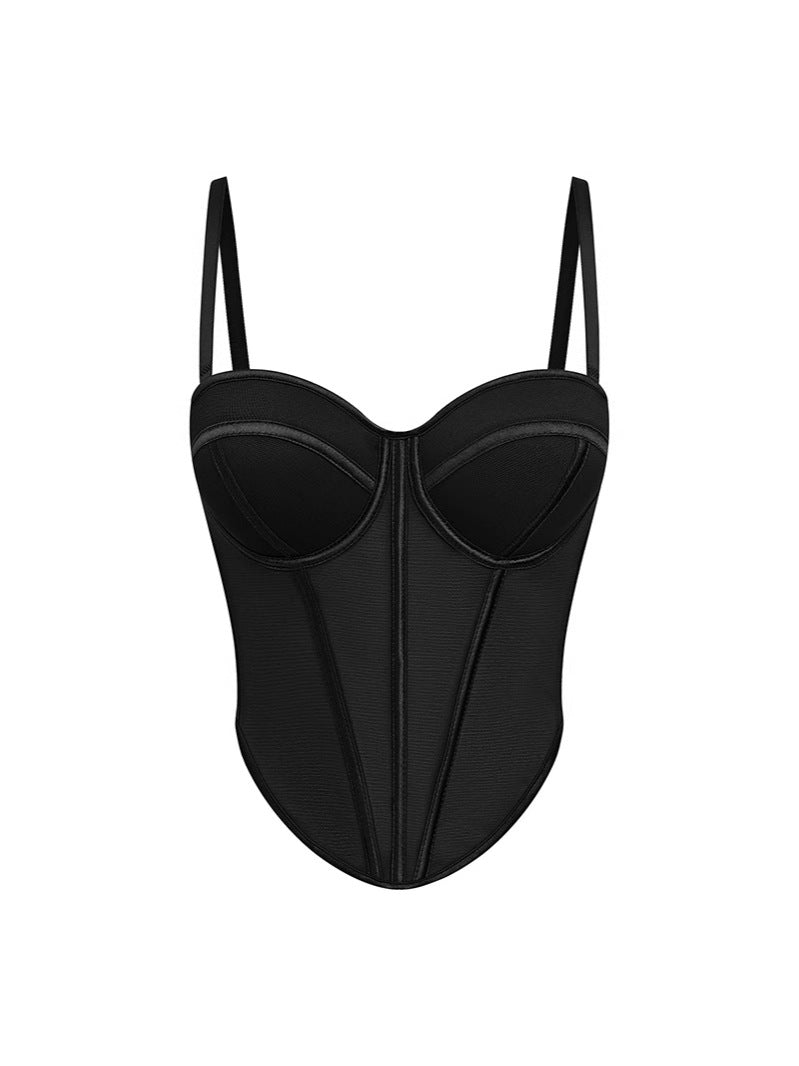 Calista Skin Tone, Fishbone Sexy Mesh Strapless Backless Color-Blocked Waist-Cinching Top