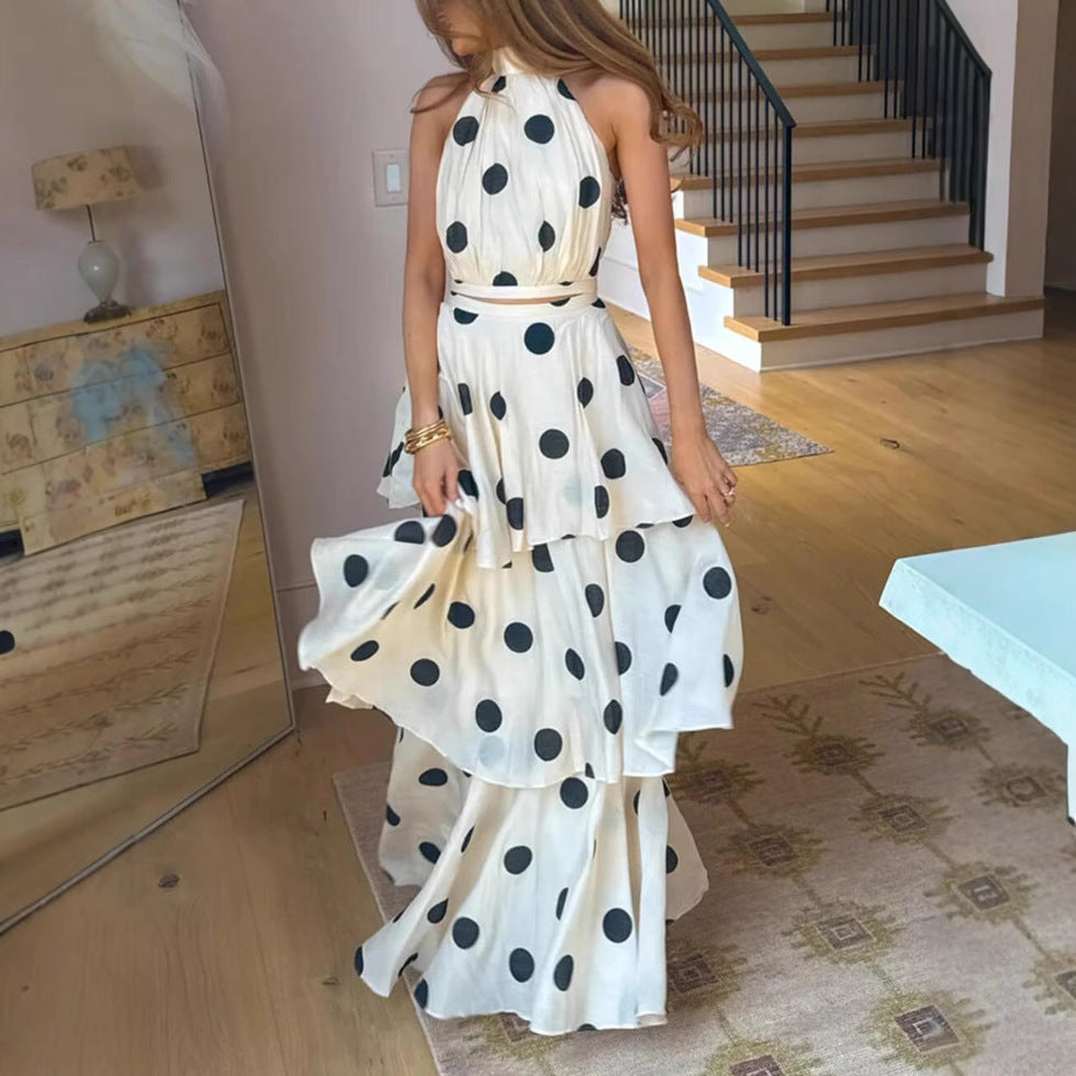 polka dot print halterneck sleeveless top skirt set